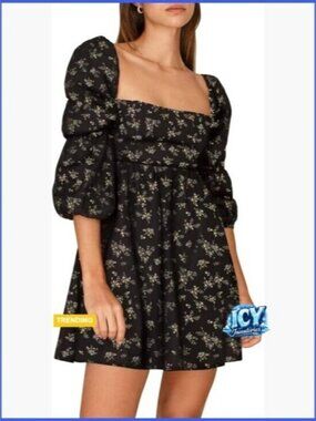 Polyester Square Neck Dress with Puff Sleeves and Smocked Back